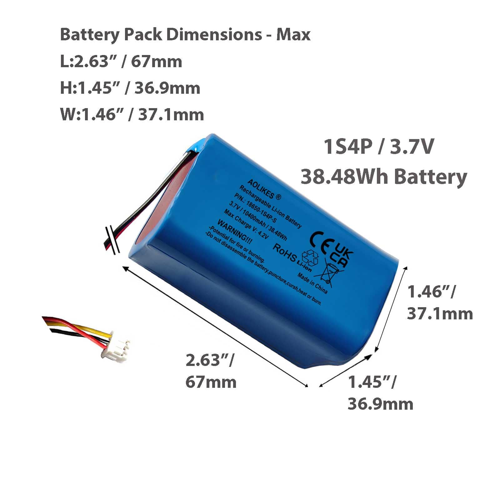 AOLIKES Batterie lithium-ion rechargeable 18650 1s4p 10400 mAh 3,7 V avec fiche PH1,5/3P / cellules 5C / Square / prend en charge la charge rapide