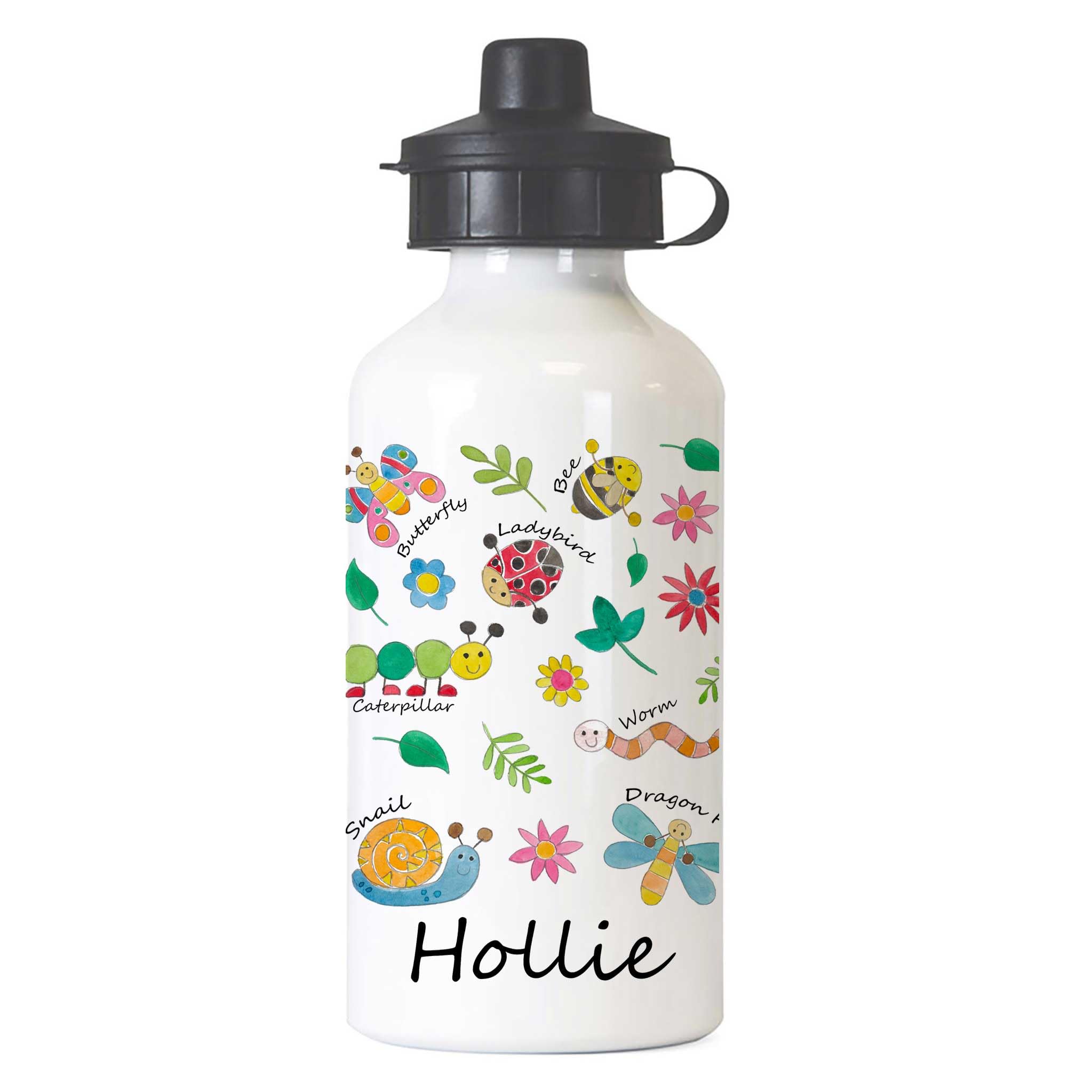 Tigerlilyprints Personalised Girls Bottle for Dance, Gym School Sports Bottles, Metal -400ml, More designs - printed on both sides. (Mini Beasts')