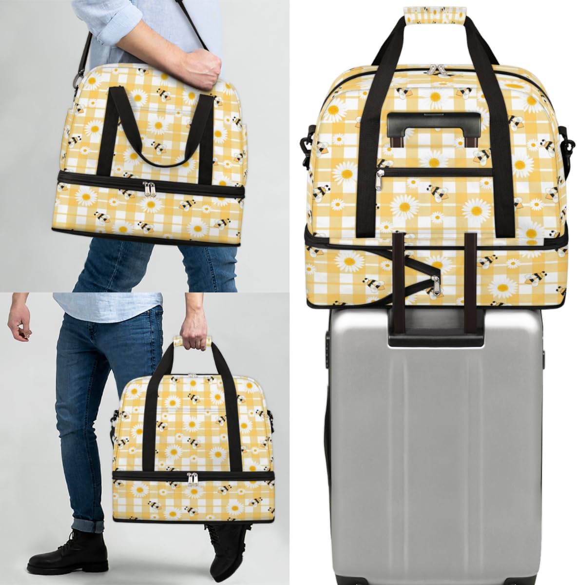 QsirBC Bee Funny Texture Gym Bag for Women Duffle Tote with Shoes Compartment Men Weekender Duffel for Dance Travel Sports Swimming Overnight