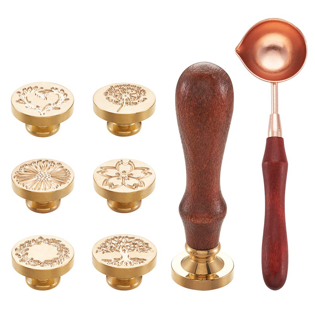 Elecrelive Wax Seal Stamp Set with 6pcs Flower Brass Heads & 1pc Wooden Handle & 1pc Wax Melting Spoon for Postage Letter Vintage Invitation Cards Letters Envelopes