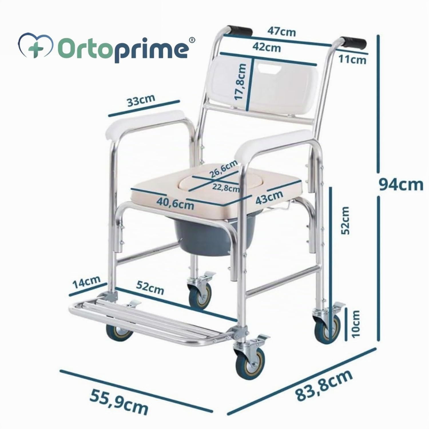 OrtoPrime Sedia da Doccia con Ruote e Piedini Pieghevoli - 3 in 1 - Sedia con WC Integrato e Bidet - Portatile per Anziani - Geriatrica