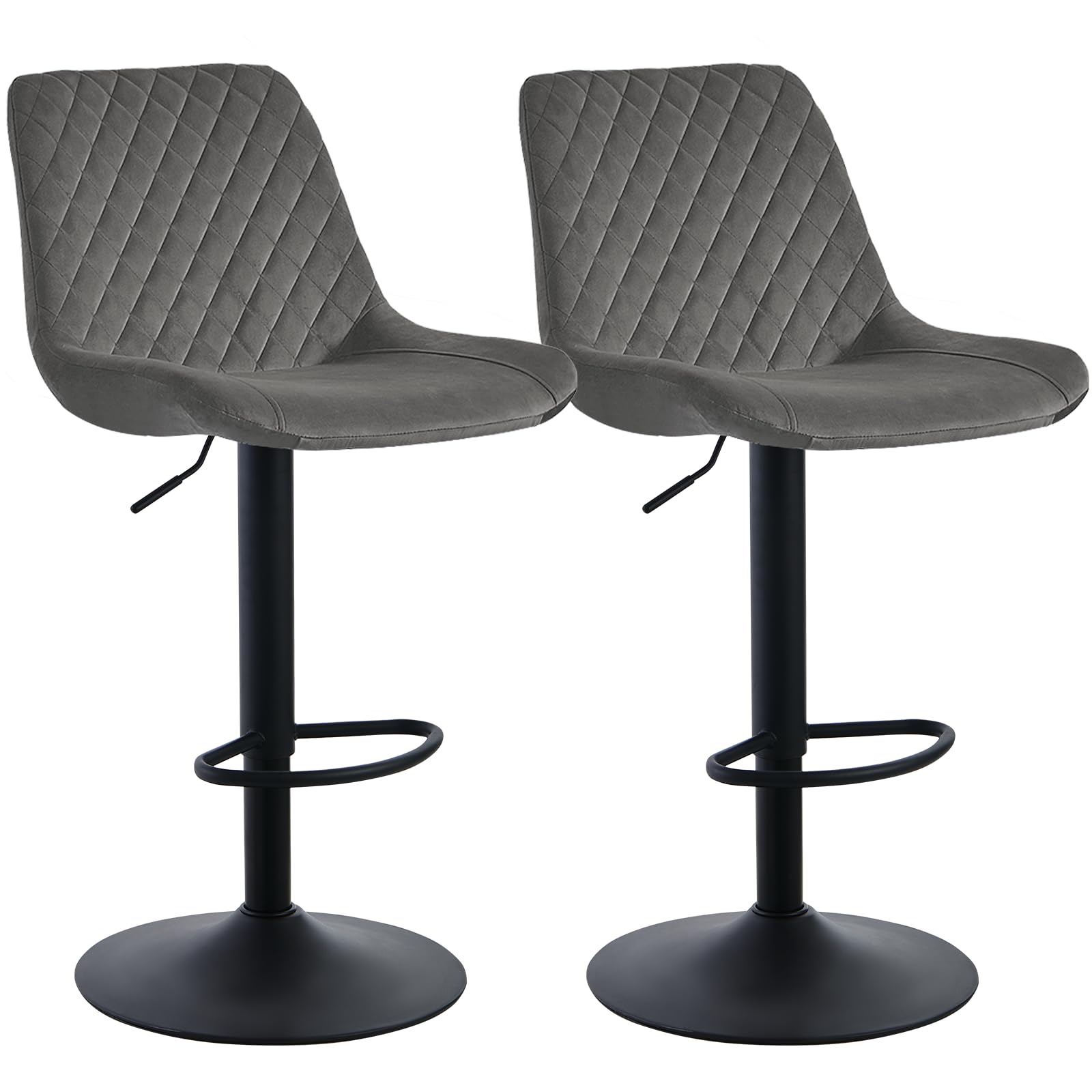 JaHECOME Velvet Grey Bar Stools Set of 2- Modern Swivel Height Adjustable Barstools with Black Metal, Armless Large Padded Cushion Breakfast Counter Chairs for Kitchen Island, Pub, Restaurant, Café