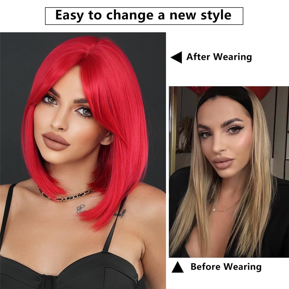 Peruki Easter Red Short Straight Bob Wig with Mid-Split Bangs Peruka z włosów ludzkich