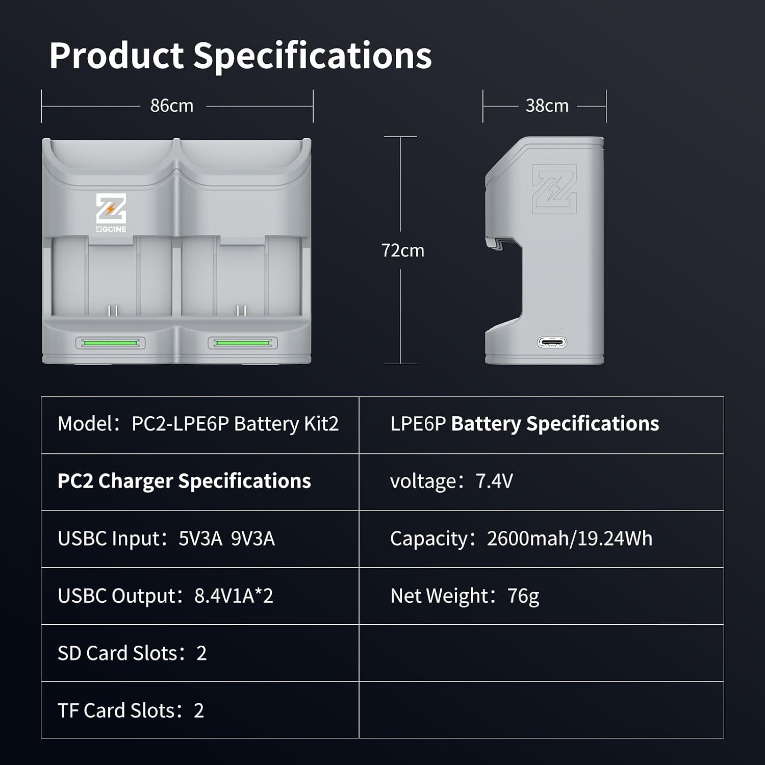 ZGCINE PC3-LPE6P Battery Charger with 2x2600mAh Fully Decoded LP-E6P Batteries Kit for Canon 5D Mark II, 5D Mark III, 5D Mark IV, 5DS, 5DS R, 60D, 70D, 80D, 6D, 6D Mark II, 7D, and 7D Mark II