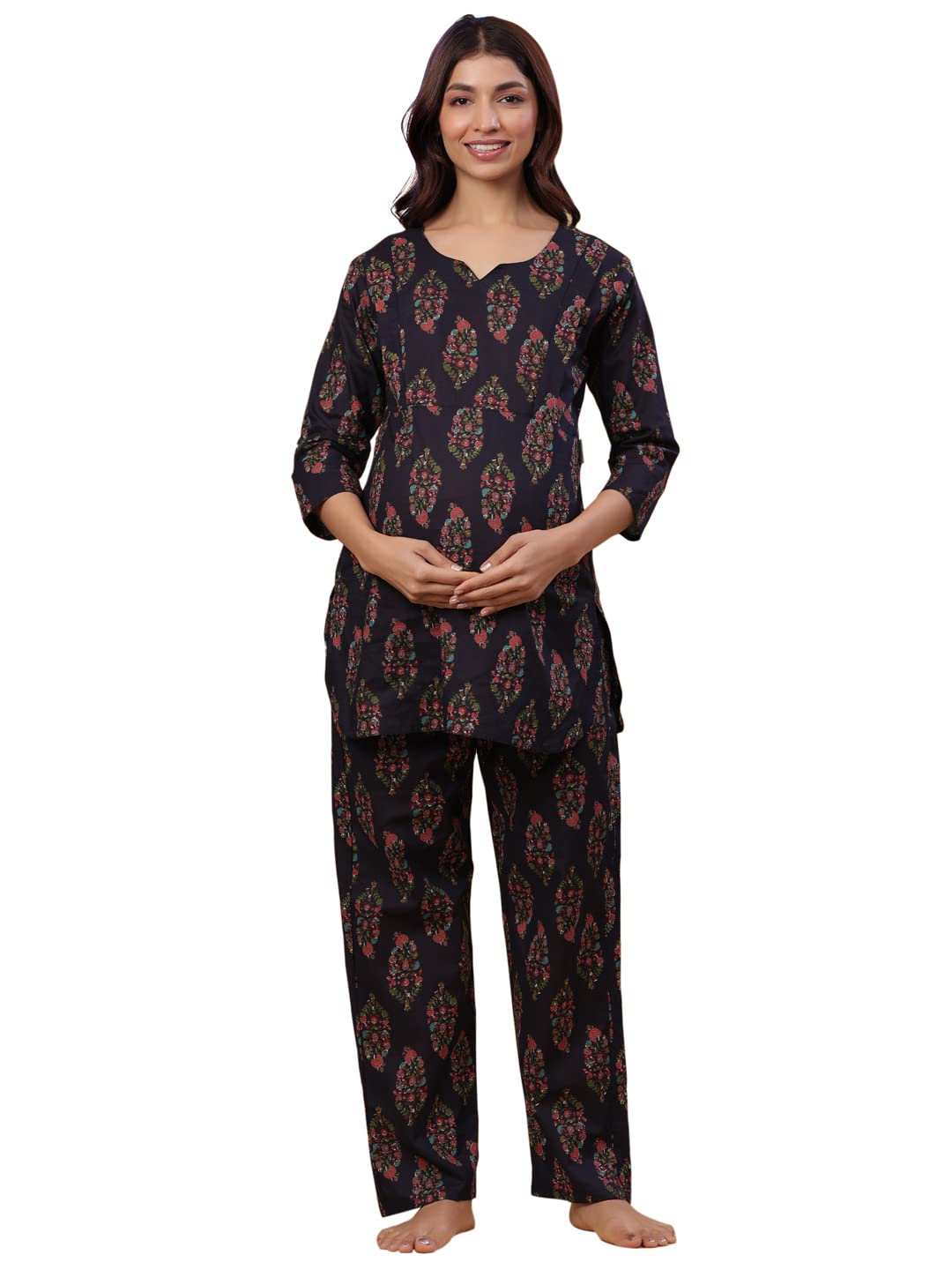 Pre & Post Maternity/Nursing Wear Hand Printed Night Suits/Night Dress with both sides Zipper for Easy Feeding for To Be Moms & Nursing Mothers � Pure Cotton � Black Boota-image-45
