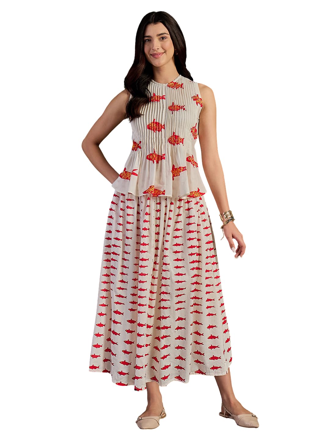 uptownie Women Co-ord Set | Sleeveless Top With Ruffled Detailing & Pintucks | Pure Cotton Graphic Print | Flowy Midi Skirt With Elasticated Waist | Casual Wear-picture-0