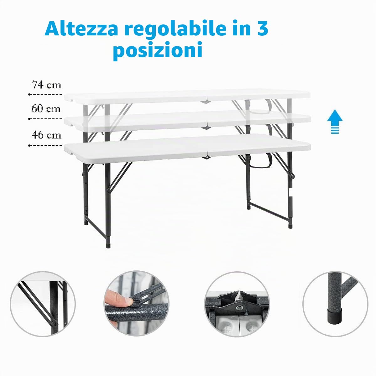 GIANTEX Tavolo da Campeggio Pieghevole con Altezza Regolabile | Tavolo da Giardino Portabile con Maniglia di Trasporto e Telaio in Acciaio, 3 Posizioni, Portata 150kg, 122x61x46/60/74cm