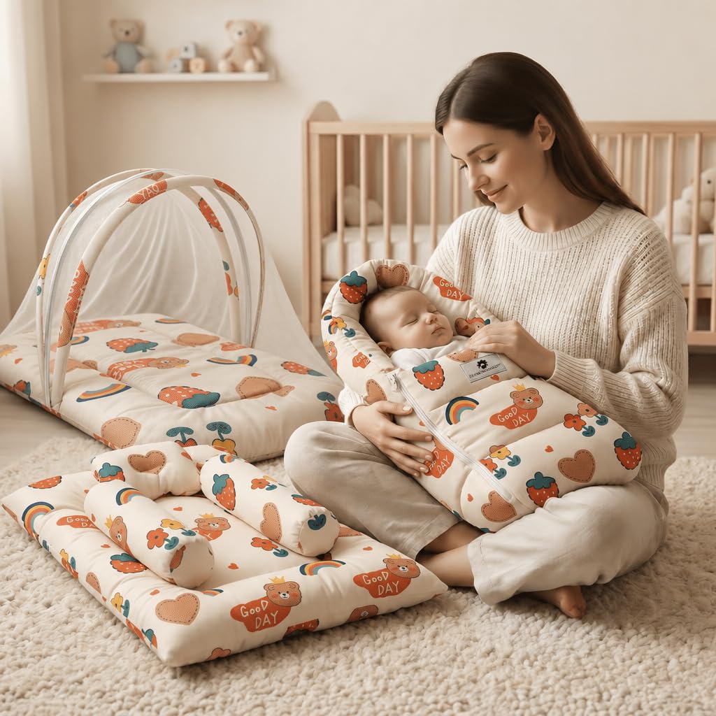 StarAndDaisy Baby Carry Nest Combo Set | Baby Lounger, Bedding Nest & Mosquito Net Portable & Foldable Infant Bed Set for 0–12 Months Soft Mattress & Side Cushion (Rainbow Print)-image-7