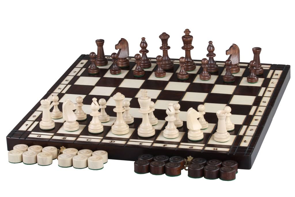 Sunrise Chess & Games - Scacchi e dama gioco in legno 2 in 1 50 x 50 cm - Grande scacchiera pieghevole con pezzi in carpino
