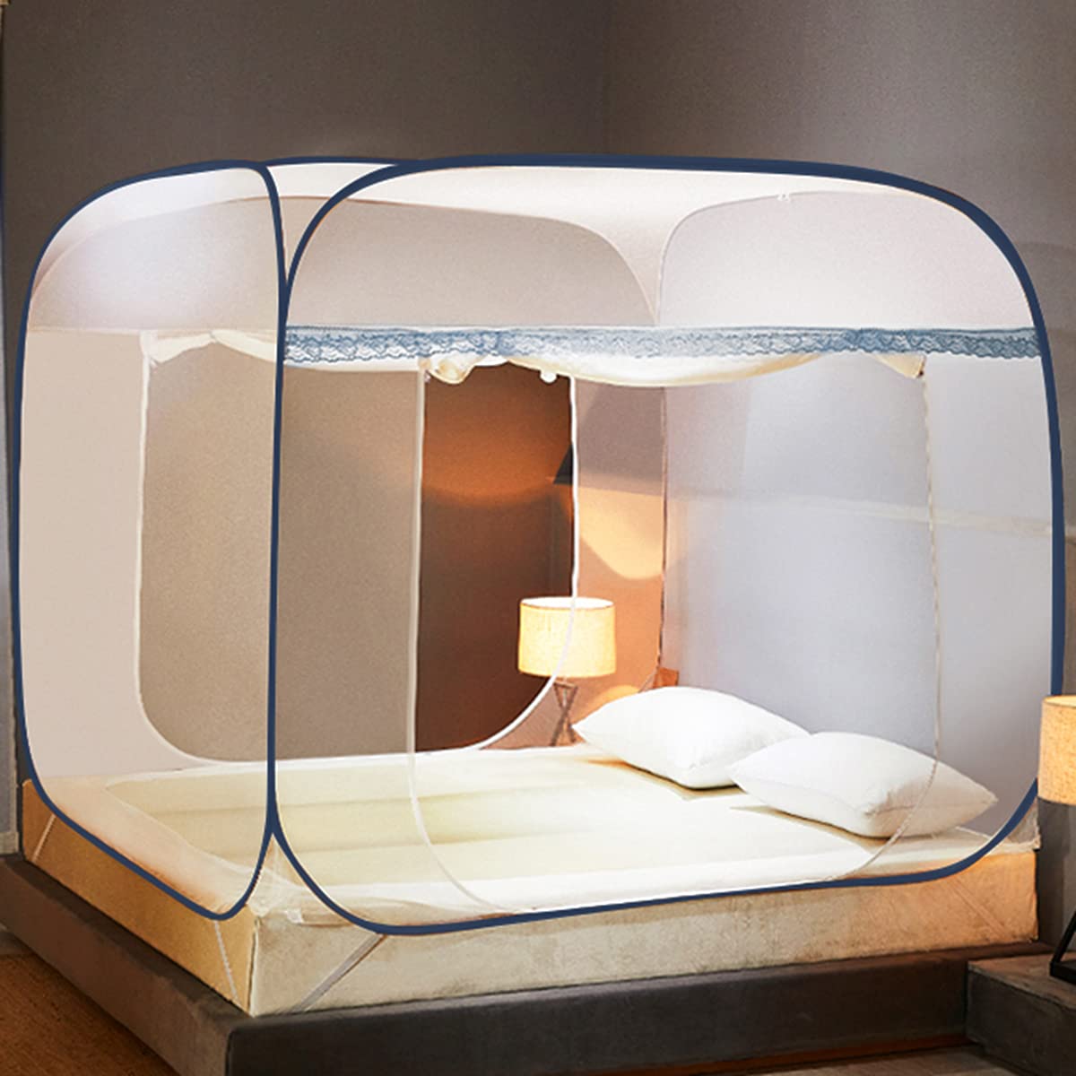 GJMSSMY Mosquito Nets, Pop Up Mosquito Net for Bed Portable Tent Travel Mongolian Yurt Dome Net Folding Double Doors for Outdoor Trip Baby Kids Adult,Blue,1.8m×2.2m×1.55m