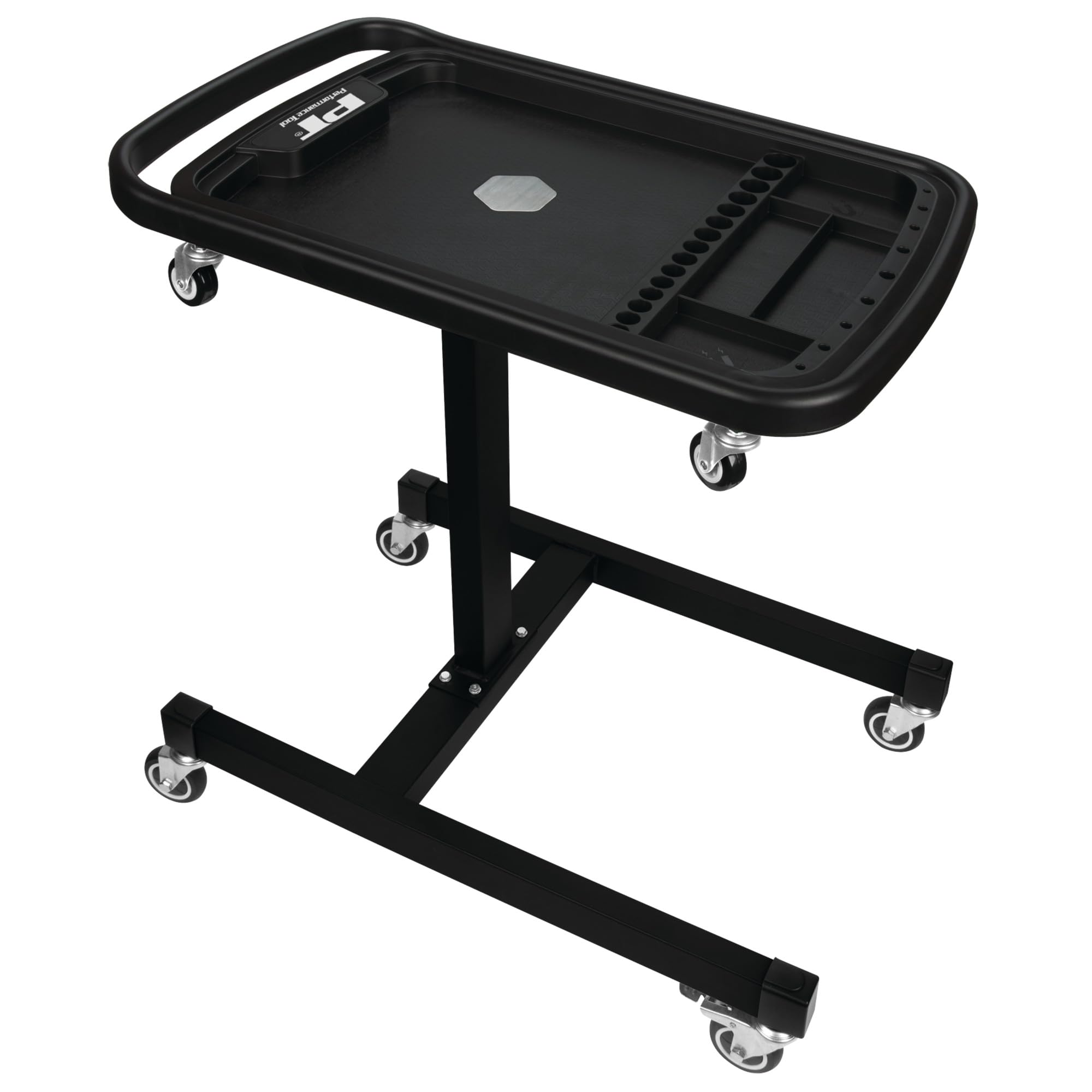 Performance Tool W85039 2-in-1 Adjustable Mobile Tool Table - Swivel Casters, Removable Magnetic Tool Tray, Steel, Black