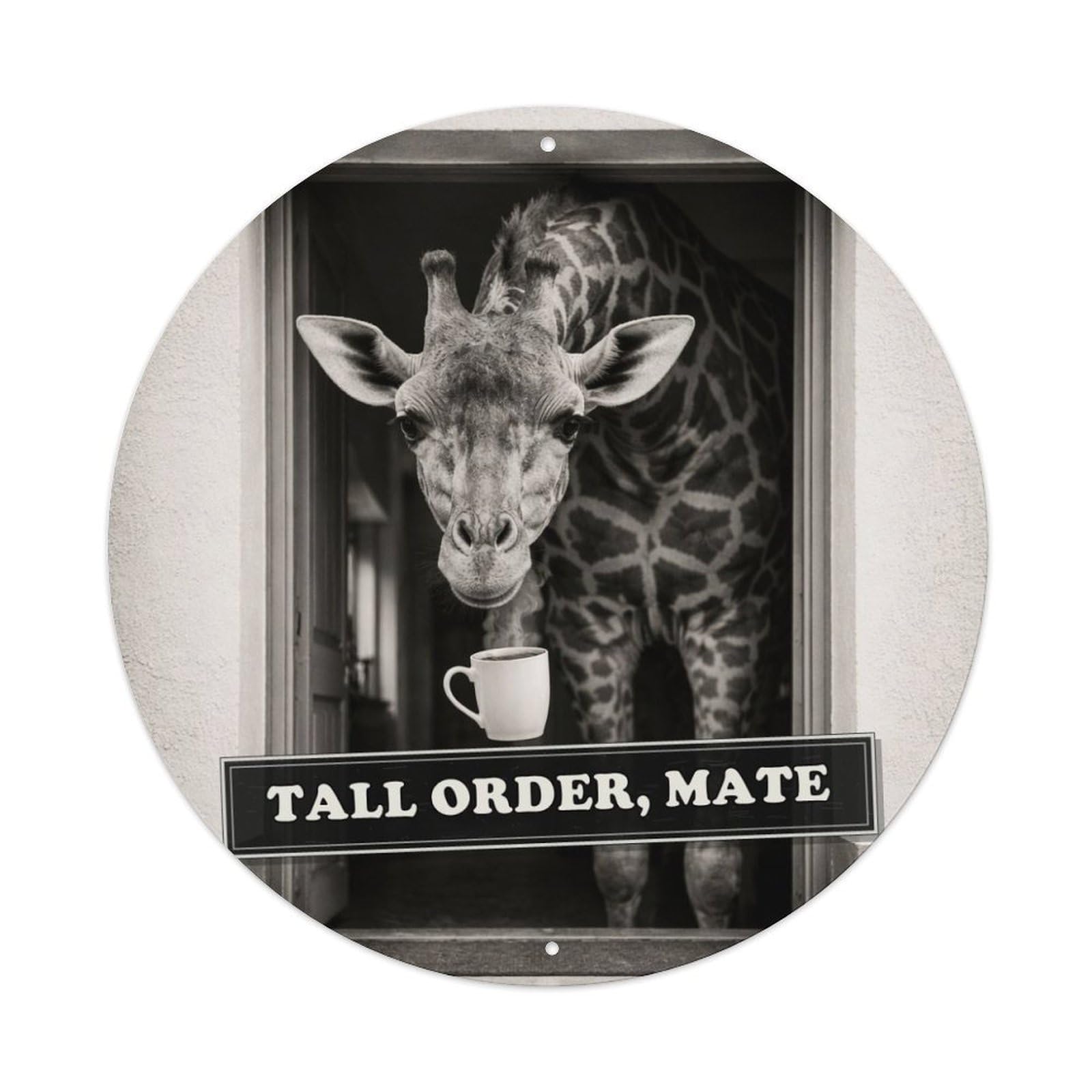 Surreal Animal Giraffe Doorway Anthropomorphic British Comedy Metal Tin Sign Plaque Wall Decor for Cafe, Man Cave, Club Bar, Office, Home Garden Round Metal Poster 8x8Inch