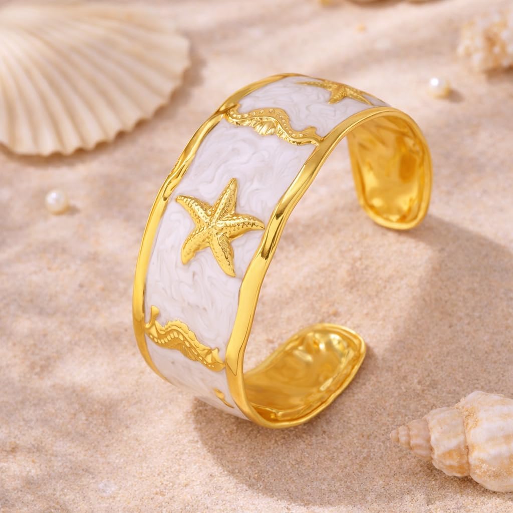 Gold Starfish Cuff Bracelet – Seahorse Ocean Beach Marine Life Statement Cuff with White Enamel Wave Texture, Wide Adjustable Stainless Steel Coastal Boho Summer Jewelry Gift