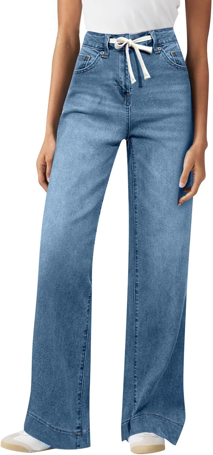 Womens Wide Leg Jeans 2025 Fashion High Waisted Stretchy Straight Leg Baggy Jean Drawstring Denim Pants with Pockets - Image 2