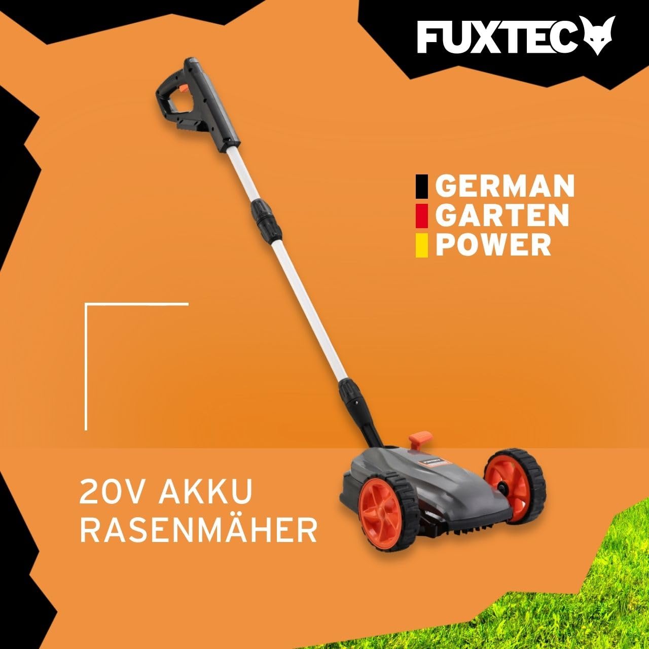 FUXTEC Akku Einhand-Rasenmäher FX-E1RMEH20, kompakter Gartenmäher mit 220mm Schnittbreite, 300W Leistung, 3-fache Schnitthöheneinstellung 30–50mm, Flexible Kugelkopfsteuerung