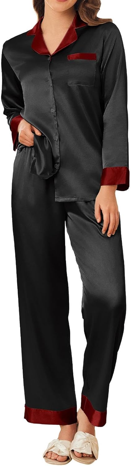 Ekouaer Silk Pajamas for Women Long Sleeve Satin Pajama Set Striped Leopard Print Pj Sets Button Down Loungewear Sleepwear