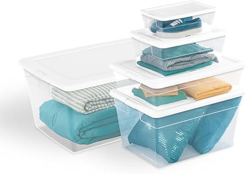 Vista 98 de Sterilite Paquete de 8 contenedores apilables con tapa, diseño de plástico transparente, 90 cuartos de galón