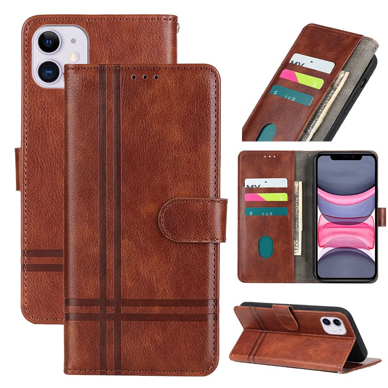 Protective Case Compatible with iPhone 11 Case Foldable Premium PU Leather Mobile Phone Case, Card Slots Flip Case Magnetic Wallet Shockproof Bumper Stand Function Wallet Cover (Brown)