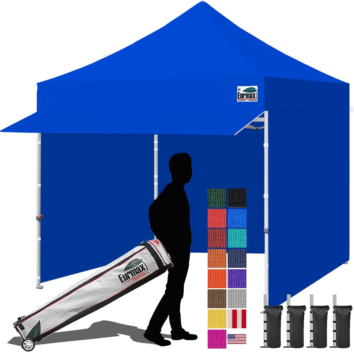 Eurmax USA 10x10 Pop Up Canopy,Commercial Tent with Patented No-Tip Rolling Bag,30sqft Extension Awning & 4 Zippered Removable Walls,UV & Water Resistant,Heavy Duty Instant Shelter Gazebo,Blue