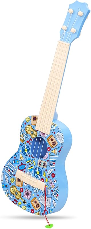 LeeQee 21in Ukulele Guitar for Kids, Graffiti Toy Guitar with Picks, Blue | 4 Sturdy Nylon Strings, Lightweight Beginner Musical Instrument for Toddlers Boys and Girls Ages 3-12, Colorful Design
