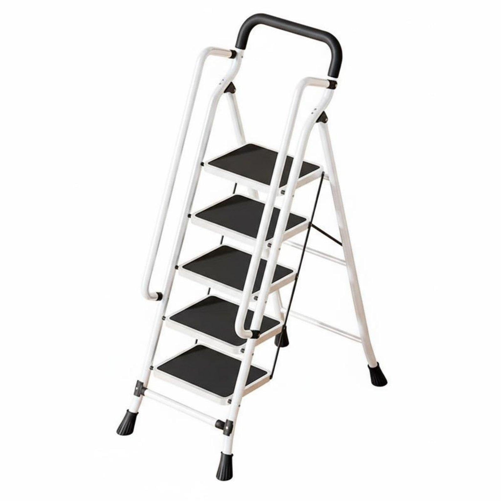 Folding Step Ladder Foldable Design Angled-Leg Design Ladder with Handrail Wide Anti-Slip Steps Portable Steel Step Stool for Adults, Kitchen, Garage 5-Step with Handrail White-image-4