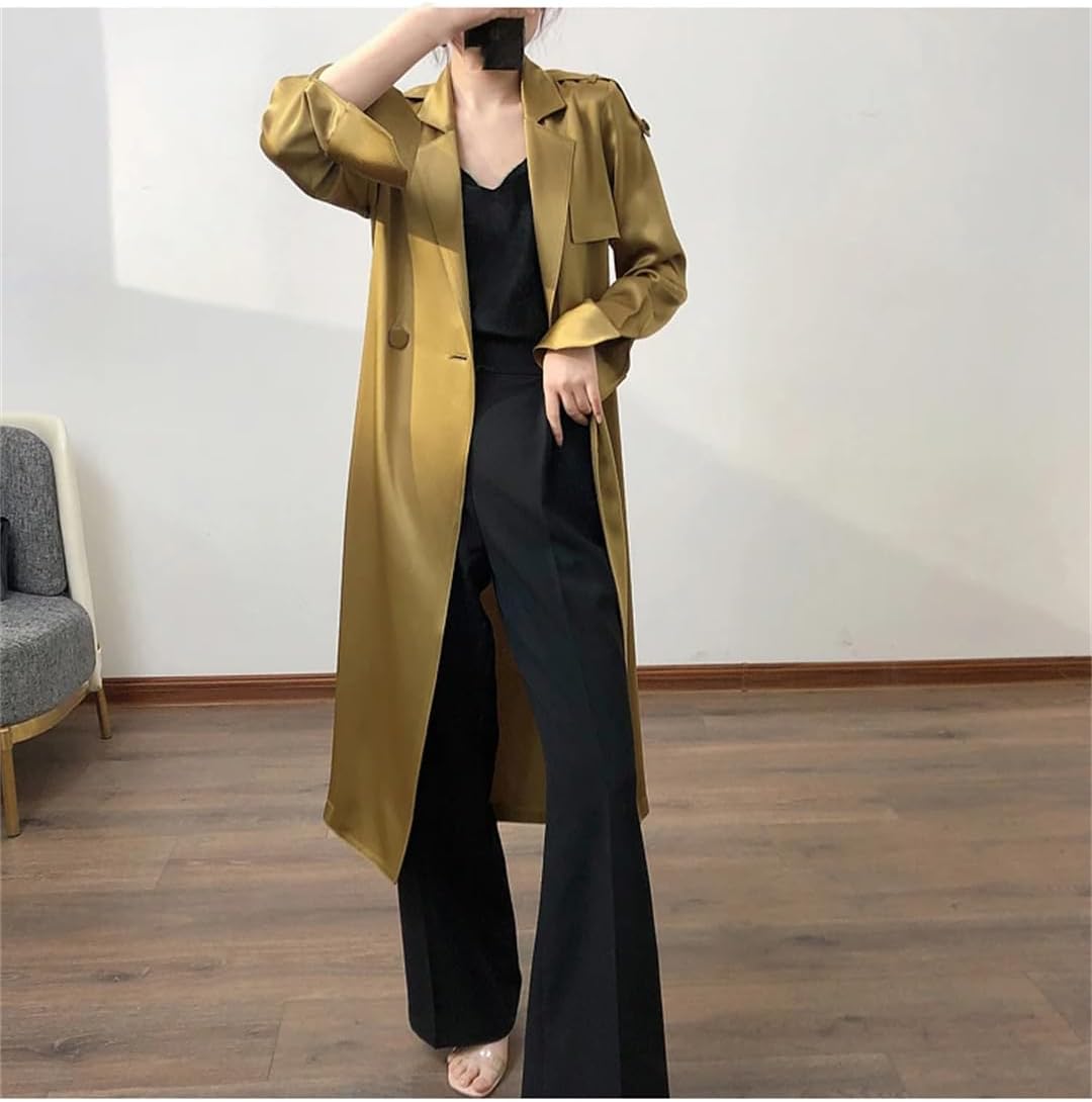 Fnfmrfmr Women Solid Double Breasted Belt Windbreaker Lapel Long Soft Flowy Satin Trench Coat