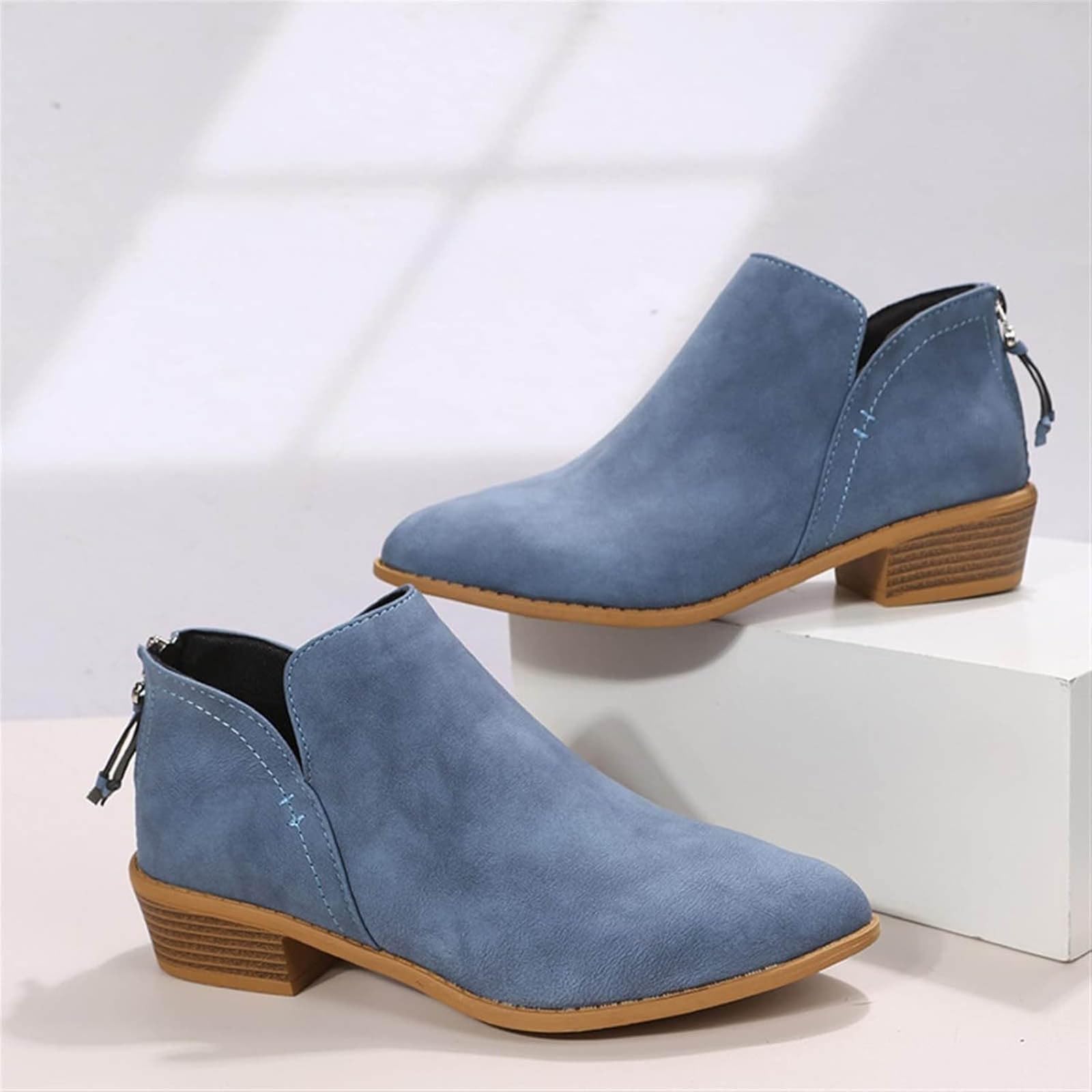 Stiefeletten Damen mit Niedriger Absatz Vintage Ankle Boots Chelsea Boots mit Reißverschluss Knöchelstiefel Lässige Damenstiefel Herbst Winter Stiefel