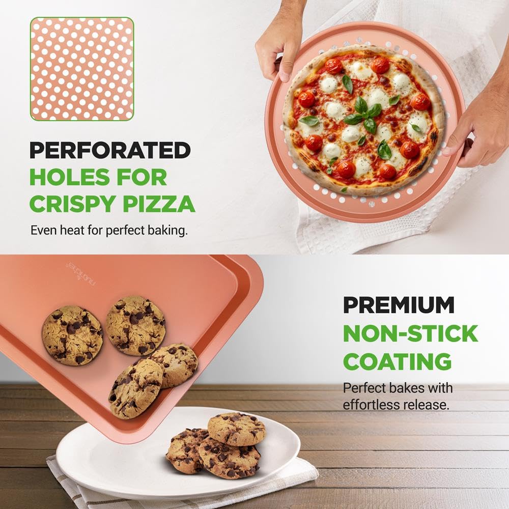 NutriChef Set da 10 Pezzi di Teglie da Forno Antiaderenti in Rame, Teglie Forno in Acciaio al Carbonio con Teglie per Biscotti, Plumcake, Muffin, Crisper, Torte e Arrosti, Facili da Pulire