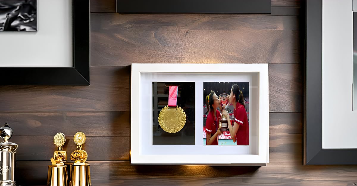 Soporte de exhibición de medallas, marco de caja, caja de sombra para medallas, baberos de carreras y exhibiciones de fotos, 1 estuche para medallas/marco de fotos para corredores de maratón