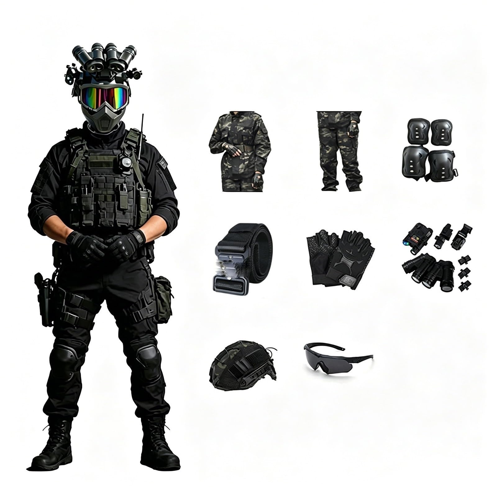 Kinder Militär Kostüm Set Soldat Armee Rollenspiel Outfit mit Zubehör, Halloween und Geburtstags Geschenk Verkleidungsset