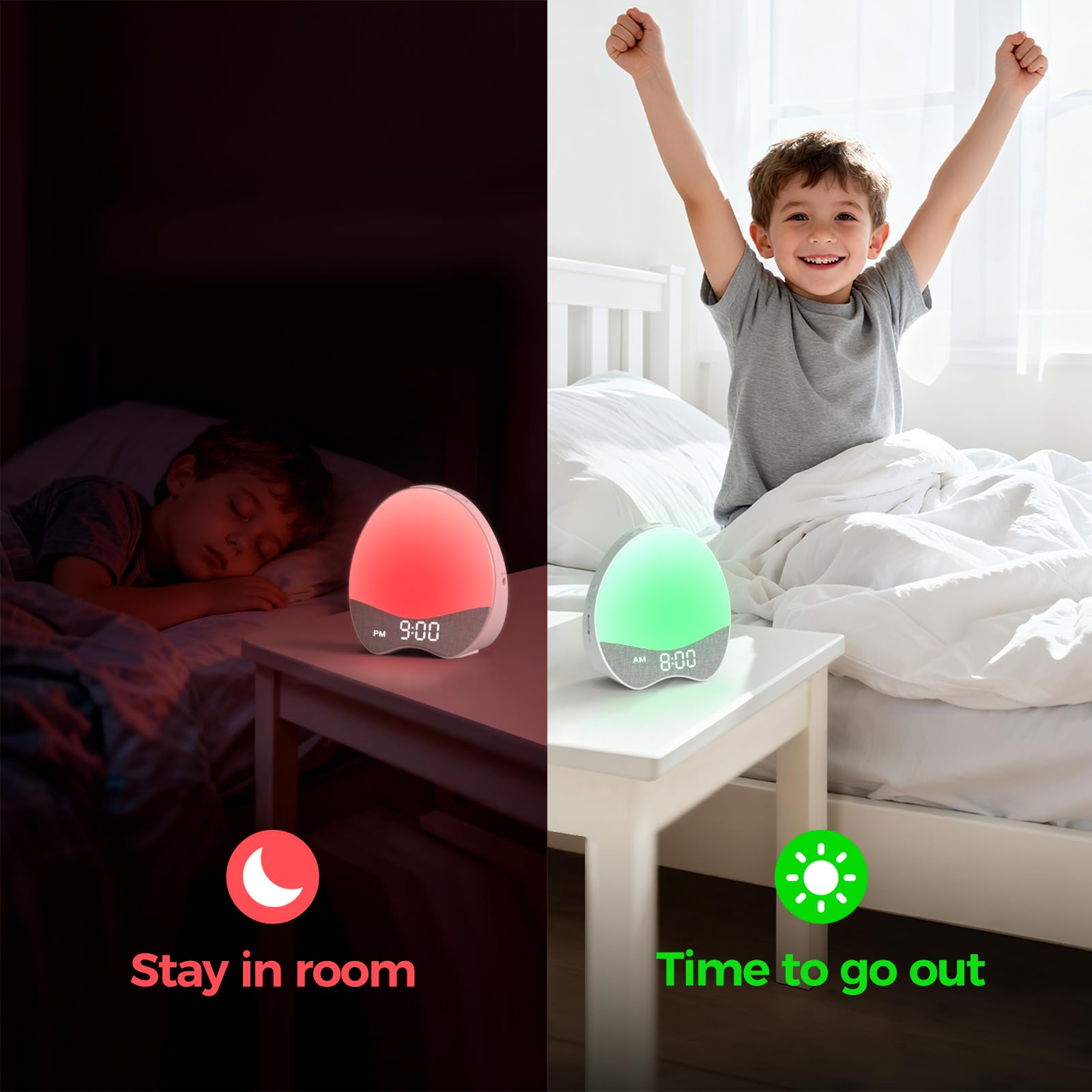 Welgo Ok to Wake - Reloj despertador para niños, entrenador de sueño con luz nocturna, máquina de sonido, pantalla de tela regulable, 21 melodías relajantes, temporizador de despertador, bloqueo