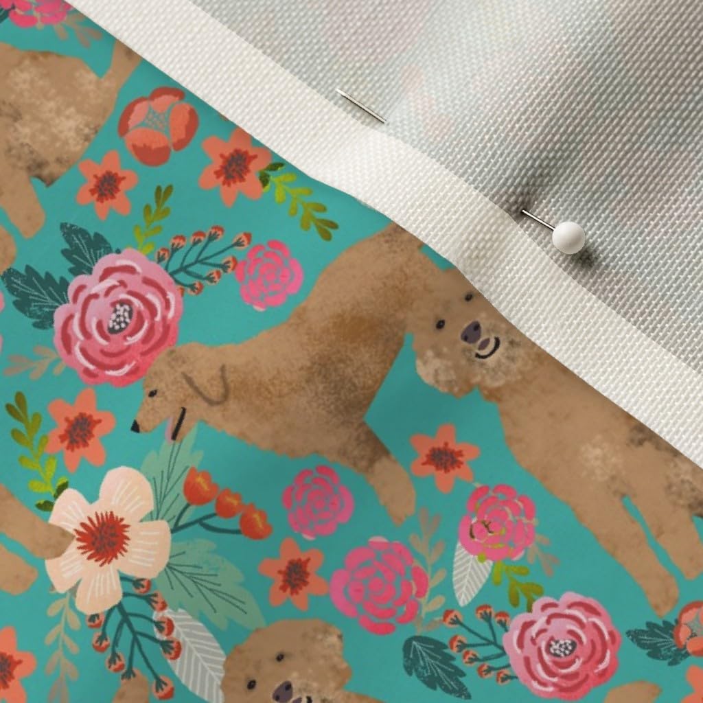 Spoonflower Fabric - Golden Doodle Floral Flowers Dog Pattern Turquoise Dogs Printed on Upholstery Velvet Fabric Fat Quarter - Upholstery Home Decor Bottomweight Apparel