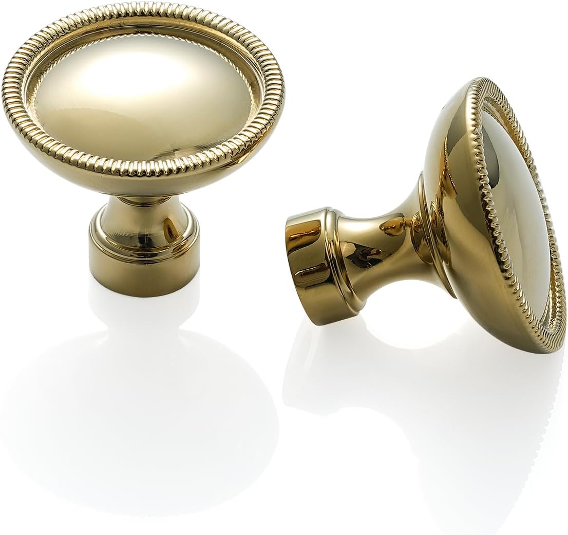 2 Pack | Cabinet Knobs | Solid Brass | 1-5/16" Diameter | Polished Gold | Modern Grooved Design | Drawer Knobs for Kitchen, Bathroom, Closet