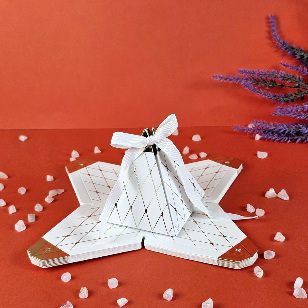SATYAM KRAFT 12 Pcs Small Mini Decorative Pyramid diamond shape paper Folding Storage Box for Christmas, Return Gift, Birthday, Wedding, Gift Boxes with Ribbon, Perfect for Packing Chocolate, Dry Fruits, sweet (Pack of 12) (White) (B0D78Q195C) Amazon Price History, Amazon Price Tracker