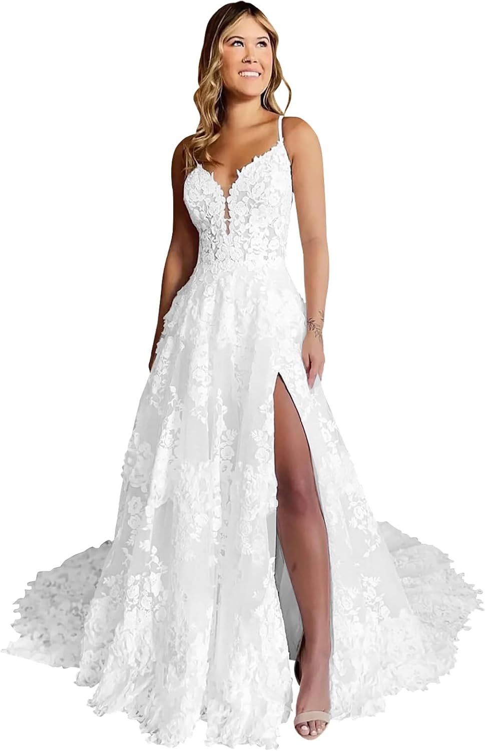 Lace Wedding Dress Spaghetti Straps Bridal Dresses A Line Wedding Party Gown with Slit