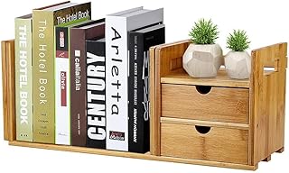 Greensen Table Shelf Desk Organiser Adjustable Desktop Storage Shelf with 2 Drawers Bamboo Table Organiser Bookshelf Filing Shelf Stand Desk Shelf Table Organiser