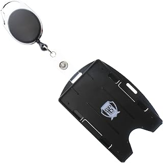 5 Pack - Premium Two Card Plastic Badge Holder - Vertical or Horizontal - with Heavy Duty Retractable Carabiner Clip Badge Reel by Specialist ID (Black)