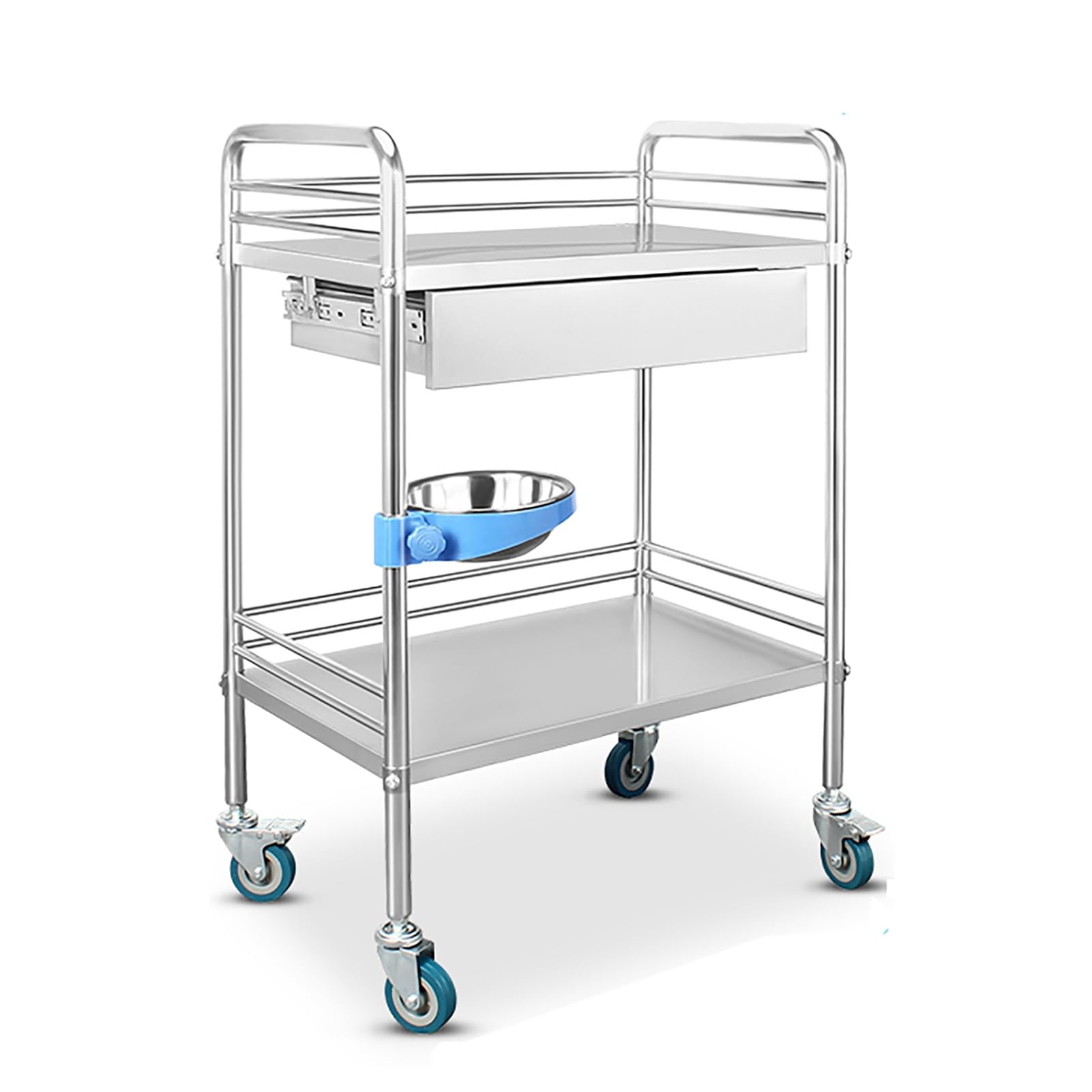 Carrito médico, carrito de laboratorio de acero inoxidable con 2 estantes y cajón, carrito móvil versátil para atención médica, oficina, spa y uso de belleza