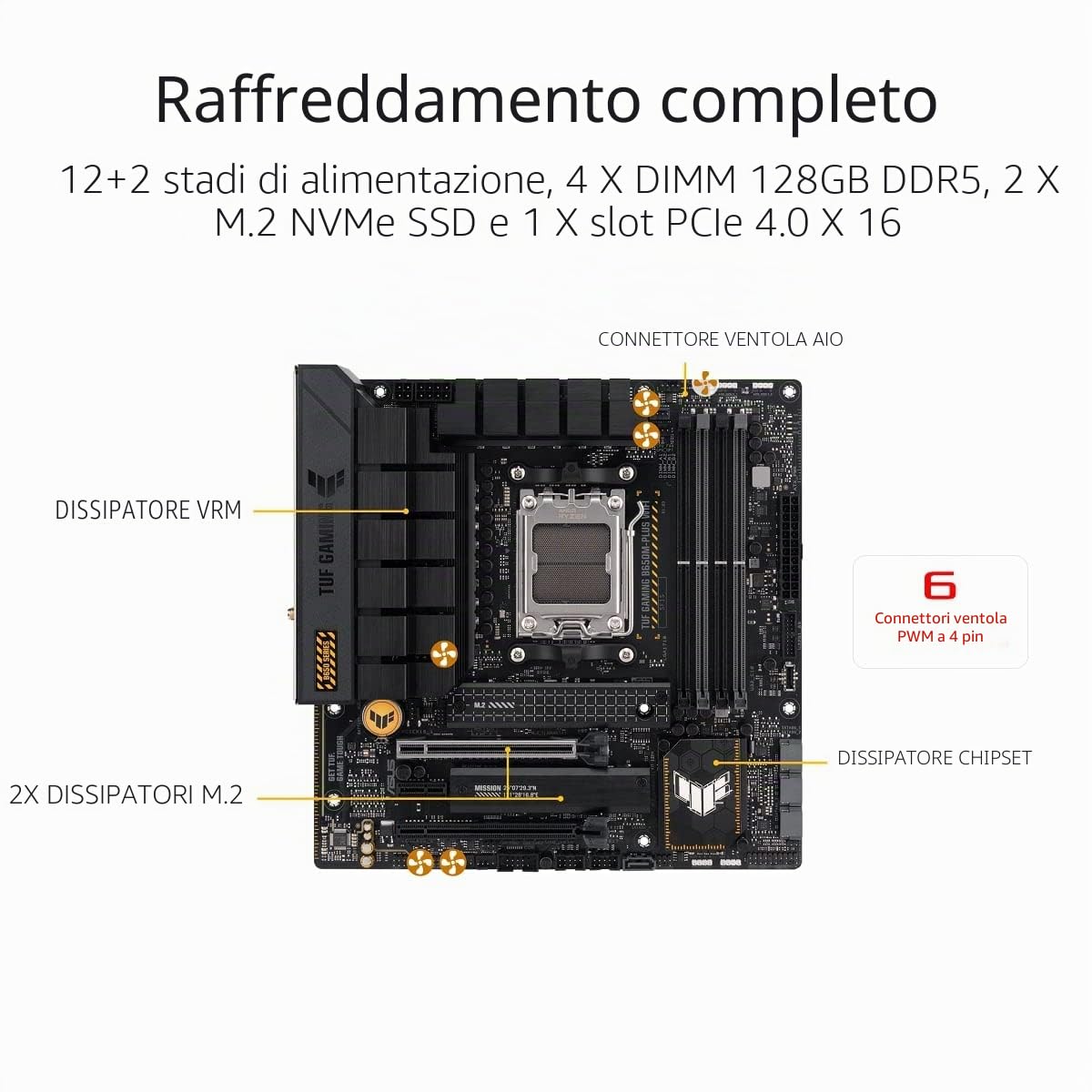 ASUS TUF GAMING B650M-PLUS WIFI Socket AM5 (LGA 1718) scheda madre da gioco Ryzen 7000 mATX (14 fasi di potenza, PCIe 5.0 M.2, memoria DDR5, Ethernet da 2,5 Gb, WiFi 6, supporto USB4 e Aura Sync)