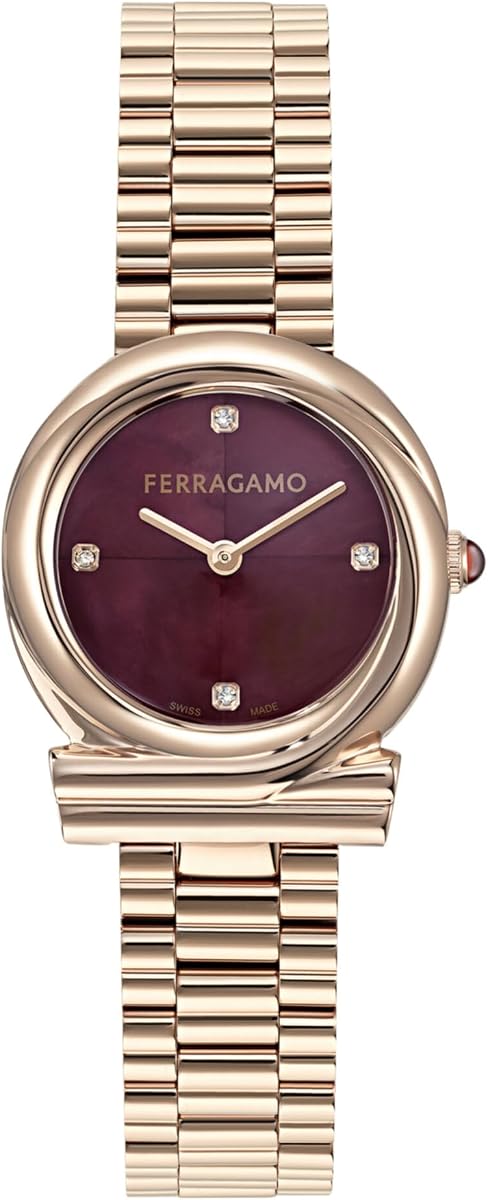 Ferragamo Gancini Twisted Collection Luxury Womens Watch Timepieces with a Rosegold Bracelet and Case Featuring a Burgundy Dial