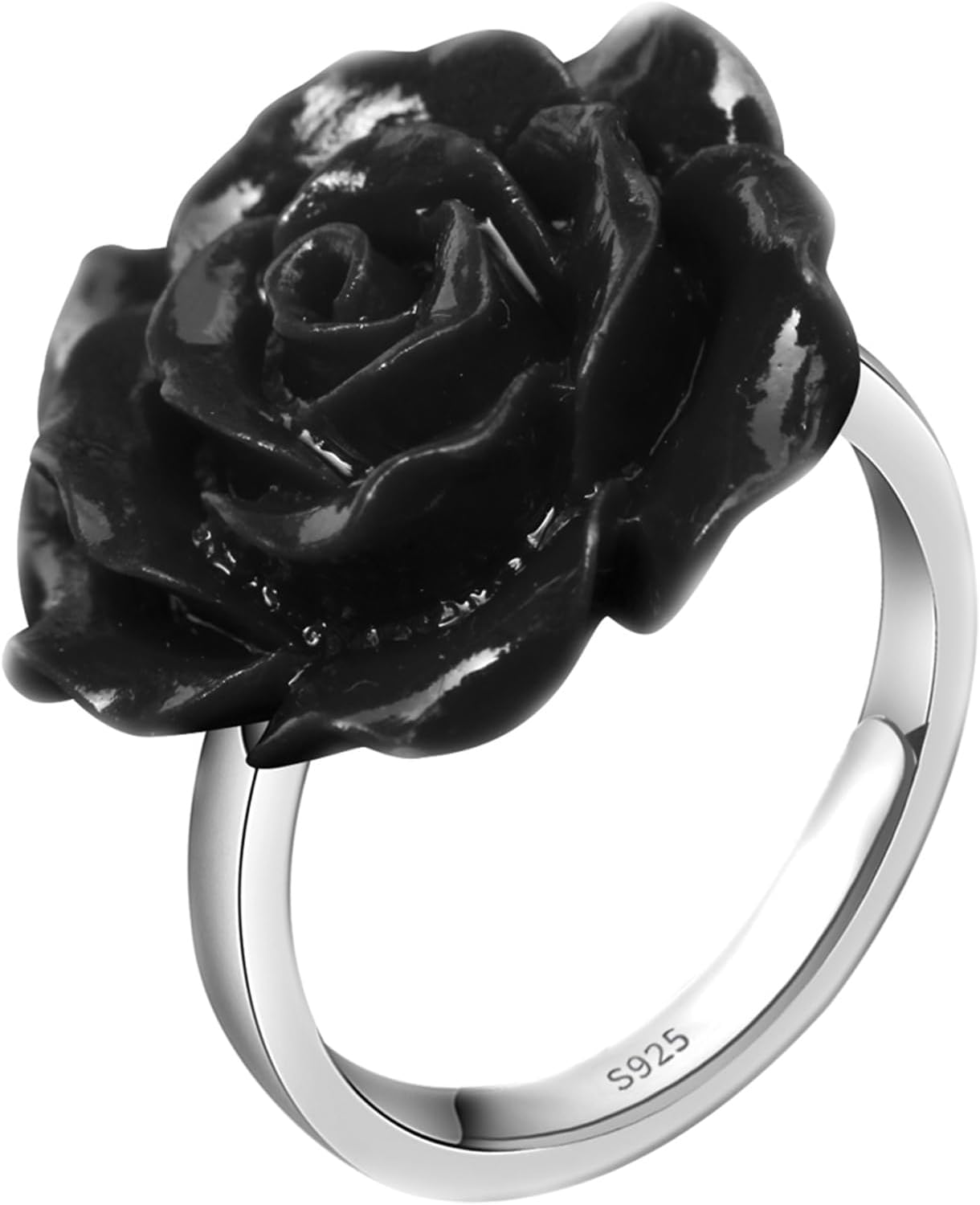20MM 3D Carved Rose Flower Fashion Statement Ring 925 Sterling Silver Flower Ring Adjustable Cuff Ring