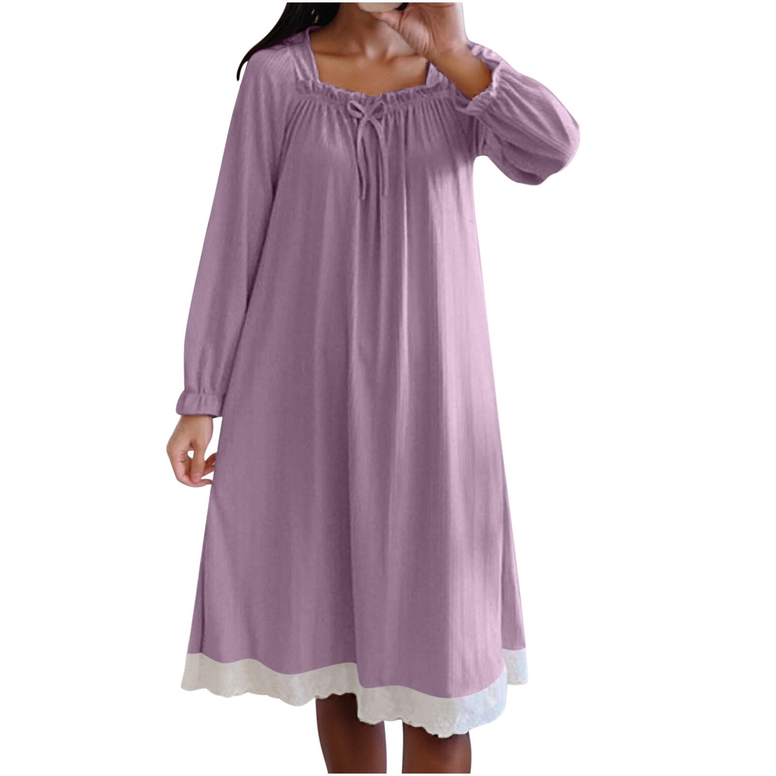 Womens Long Robe Full Length Square Neck Long Sleeve Bathrobe Warm Housecoat Solid Color Nightdress Sleepwear