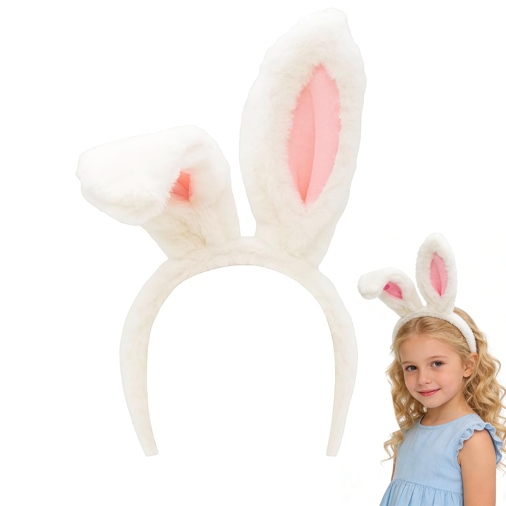 Moorlan White and Pink Bunny Headband Plush Rabbit Ears Fancy Dress Accessory for Easter Halloween Christmas Cosplay Party Hen Do Valentine Costume Adult Kids