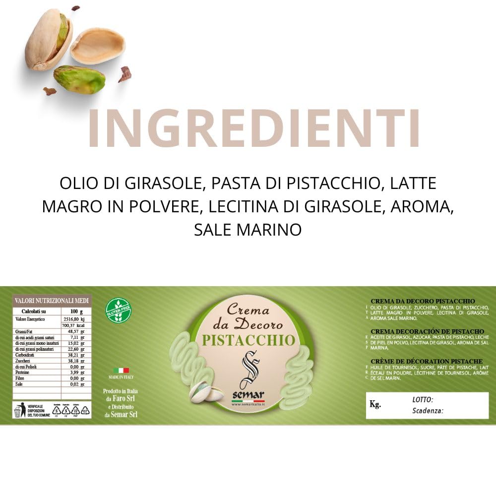 SEMAR® | Crema para untar de pistacho - MADE IN ITALY - 1KG ideal para uso particular y comercial (Sin Gluten)