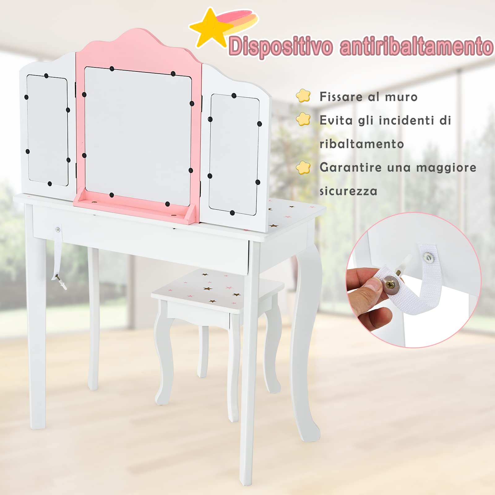 COSTWAY Toeletta Per Bambina - Con Specchio, Cassetto E Sgabello, Legno Bianco/Rosa, 70x35x104cm