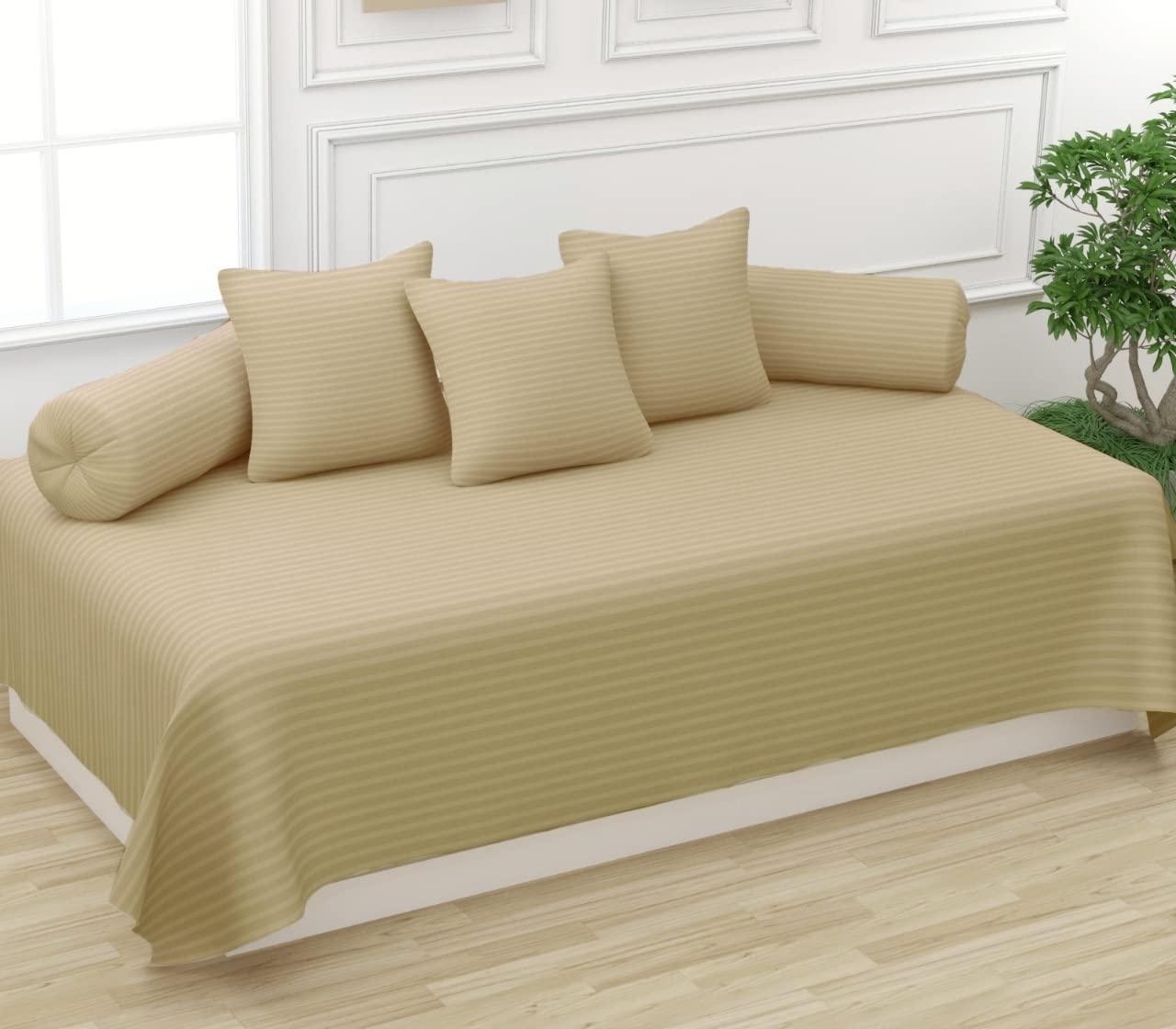 Trance Home Linen 200TC Striped Diwan Set Cotton 6 Pcs |Dewaan Bedsheet Sets (Set of 6 Pcs, 1-Bed Sheet 54x88 Inch | 2-Bolster Cover 16x32 Inch | 3-Cushion Cover 16x16 Inch)- Beige-image-12