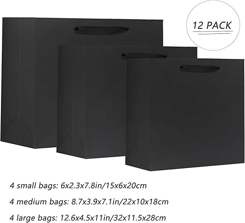 Miniatura 3 de Offizon 12 bolsas de regalo negras, bolsas de regalo con papel de seda (4 pequeñas de 6 pulgadas, 4 medianas de 8.7 pulgadas, 4 grandes de 12.6