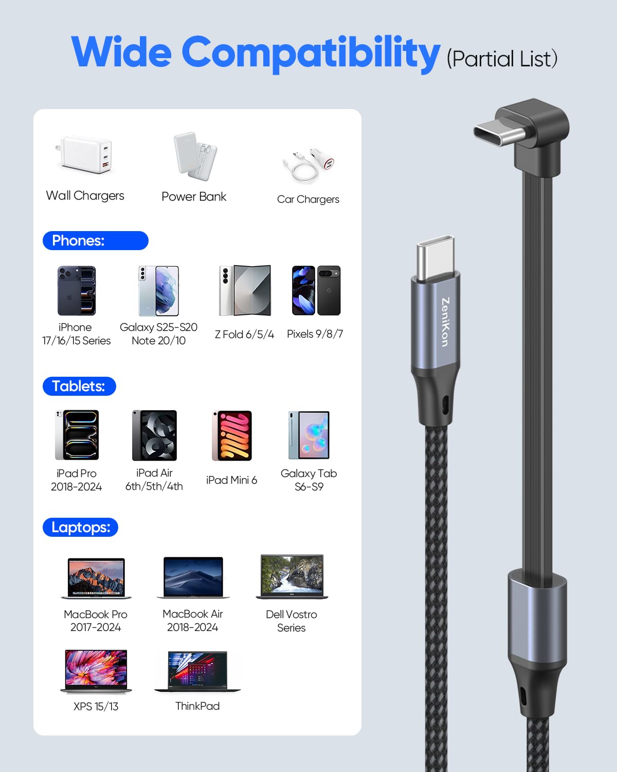 Cavo USB C a 90 gradi, 3 m, cavo USB C ad angolo retto piatto (ricarica rapida 60 W) trasferimento dati ad alta velocità intrecciato in nylon compatibile con iPhone serie 17/16/15, Galaxy