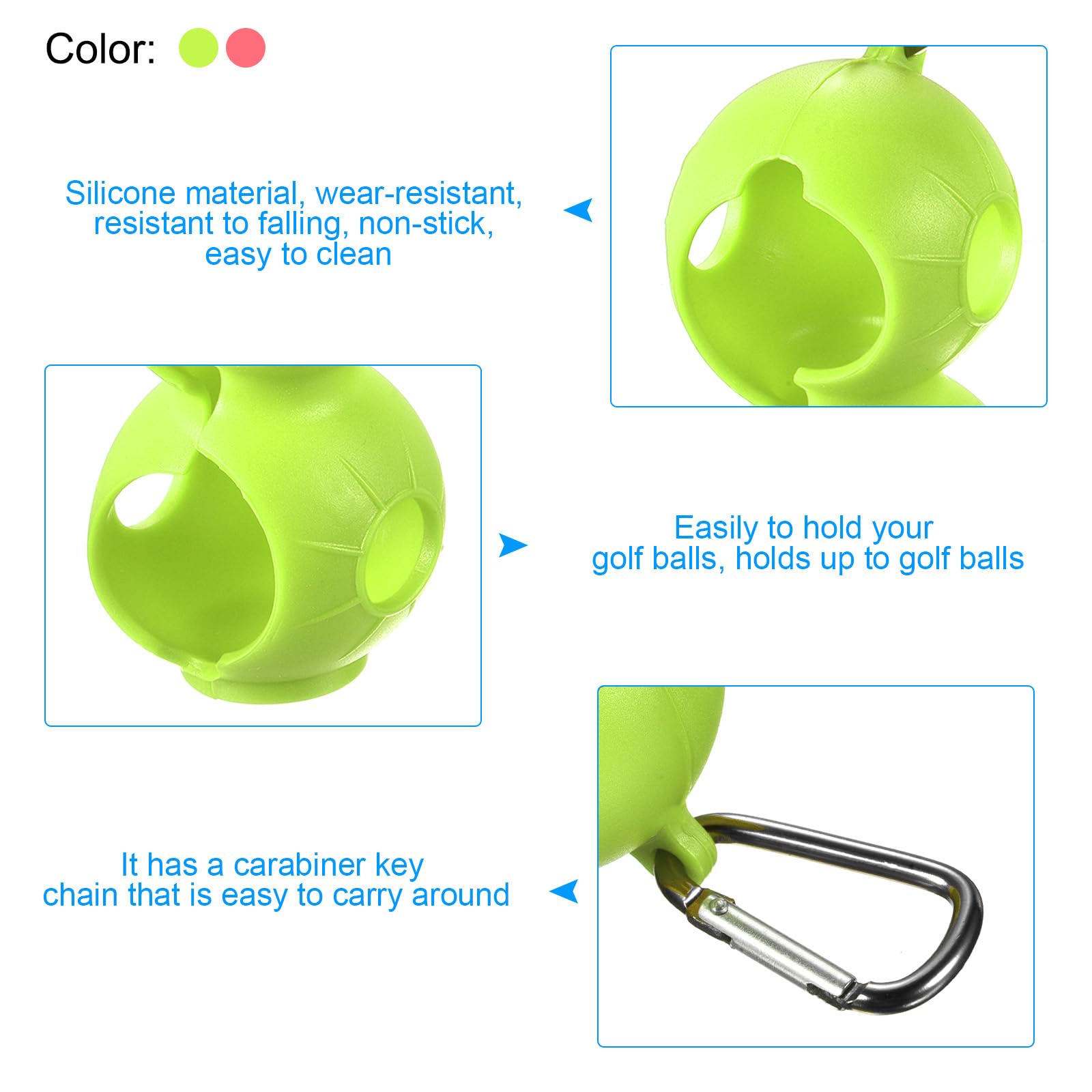 PATIKIL Golf Ball Holder, 4 Pack Silicone 2 Balls Carrier Protective Portable Sleeve with Buckle for Golf Bag Belt Pink, Green - Image 3