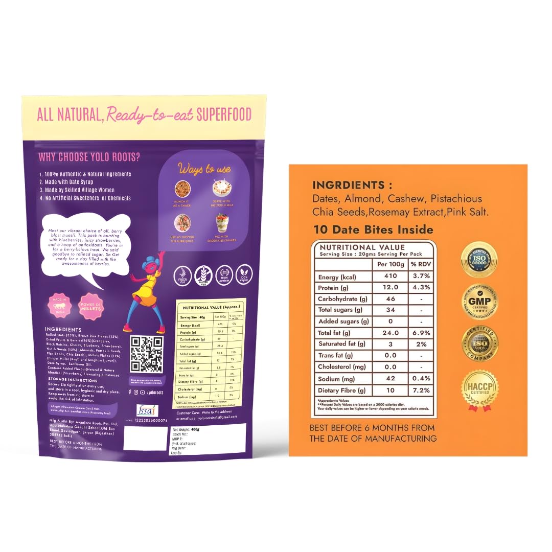 Yolo Roots Berry Blast Muesli 400g & Date Nut Bites Barfi 200g Combo | No Added Sugar Breakfast Cereal with Real Berries, Nuts & Seeds | Healthy Energy Snack & Natural Sweet Treat (Pack of 2)